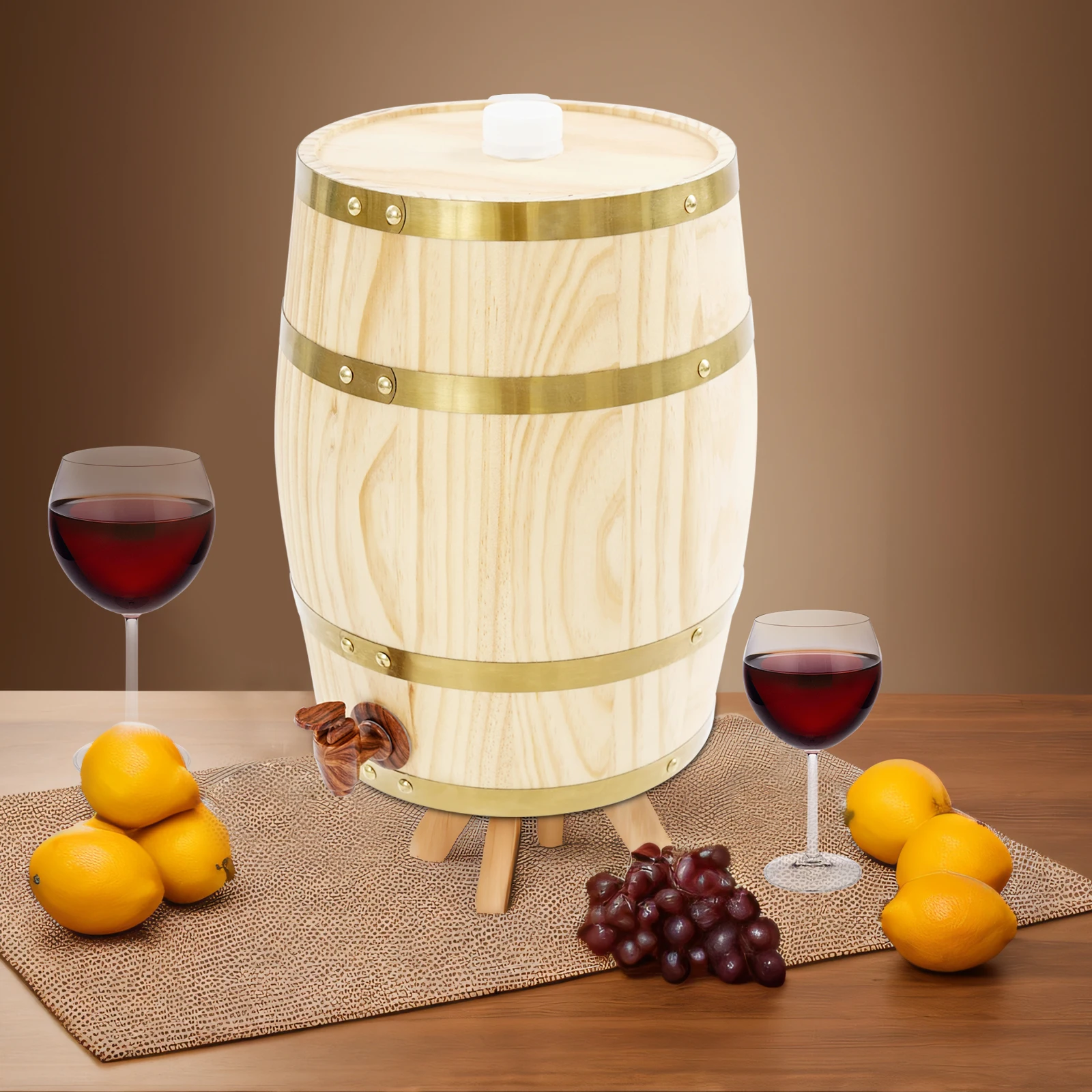 

Vertical Wooden Wine Barrel Made Of Pine Wood, 10L, With Faucet But No Base, In Natural Wood Color