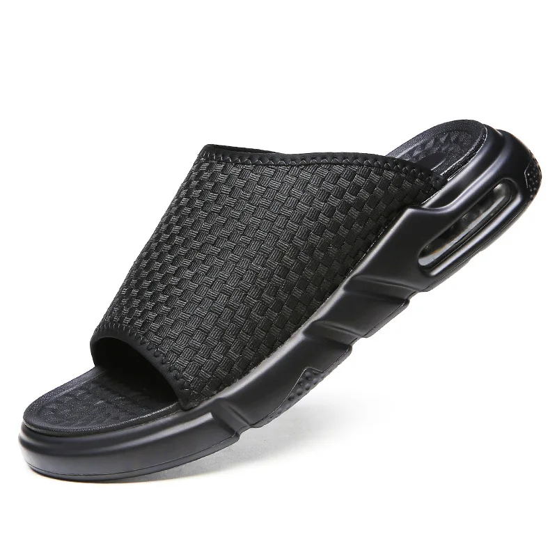 Summer New Men Fashion Slippers Cushion Casual Slides Comfortable Street Cool Soft Sole Beach Shoes Black Knit Sandals