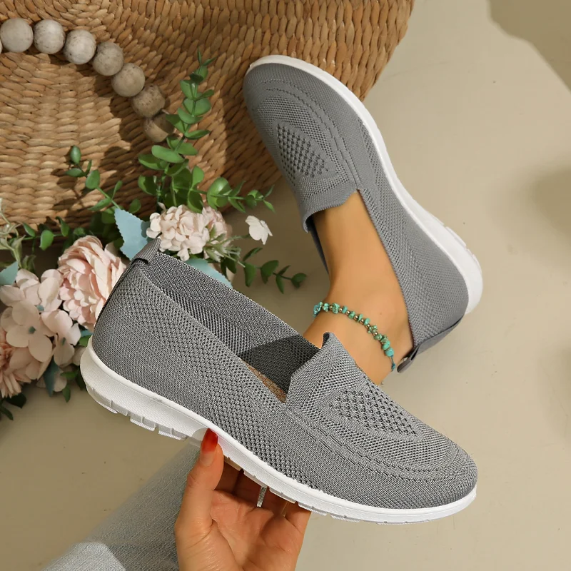 Women Heart Hollow Knit Mesh Slip On Flats Breathable Lightweight Non Slip Soft Sole Daily Walking Woven Casual Shoes view 6
