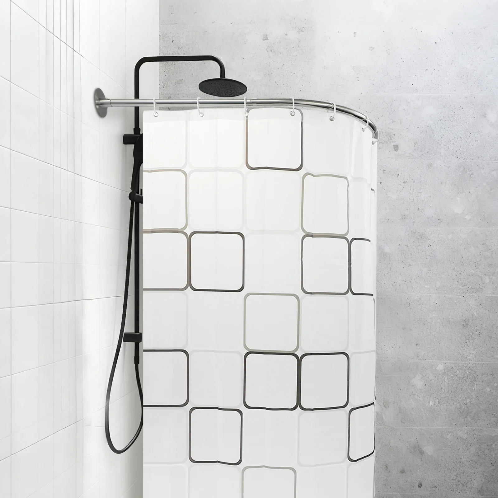 

Adjustable U-Shaped Shower Curtain Rod Set 2.4x1.8m Waterproof Polyester Shower Curtain Stainless Steel No Drilling Telescopic Bathroom Curtain Pole