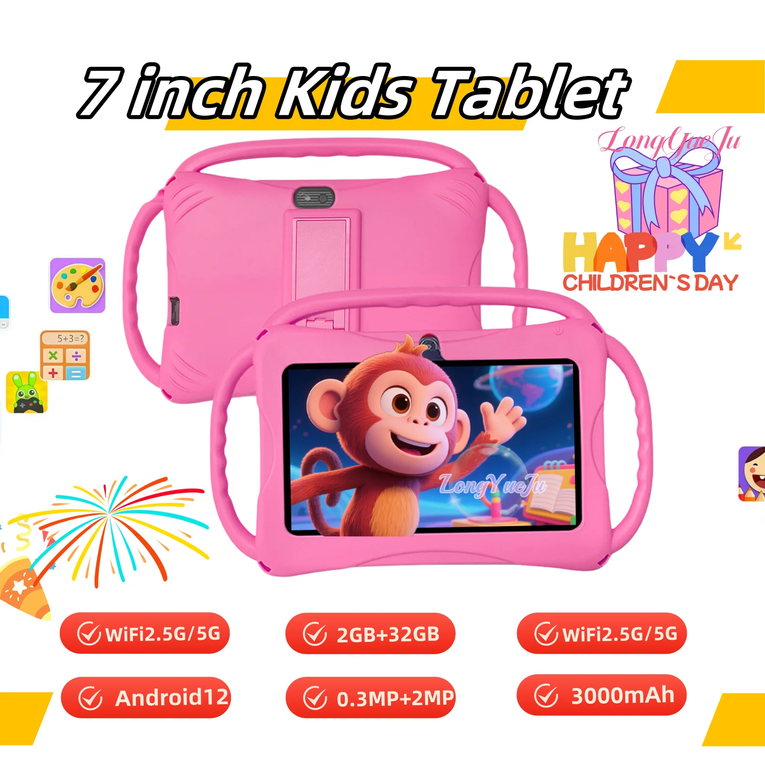 

7 Inch Kids Tablet with Android 12 & Protective Case | 2GB RAM 32GB ROM, Parental Control, IWAWA Learning Apps, Educational Gift