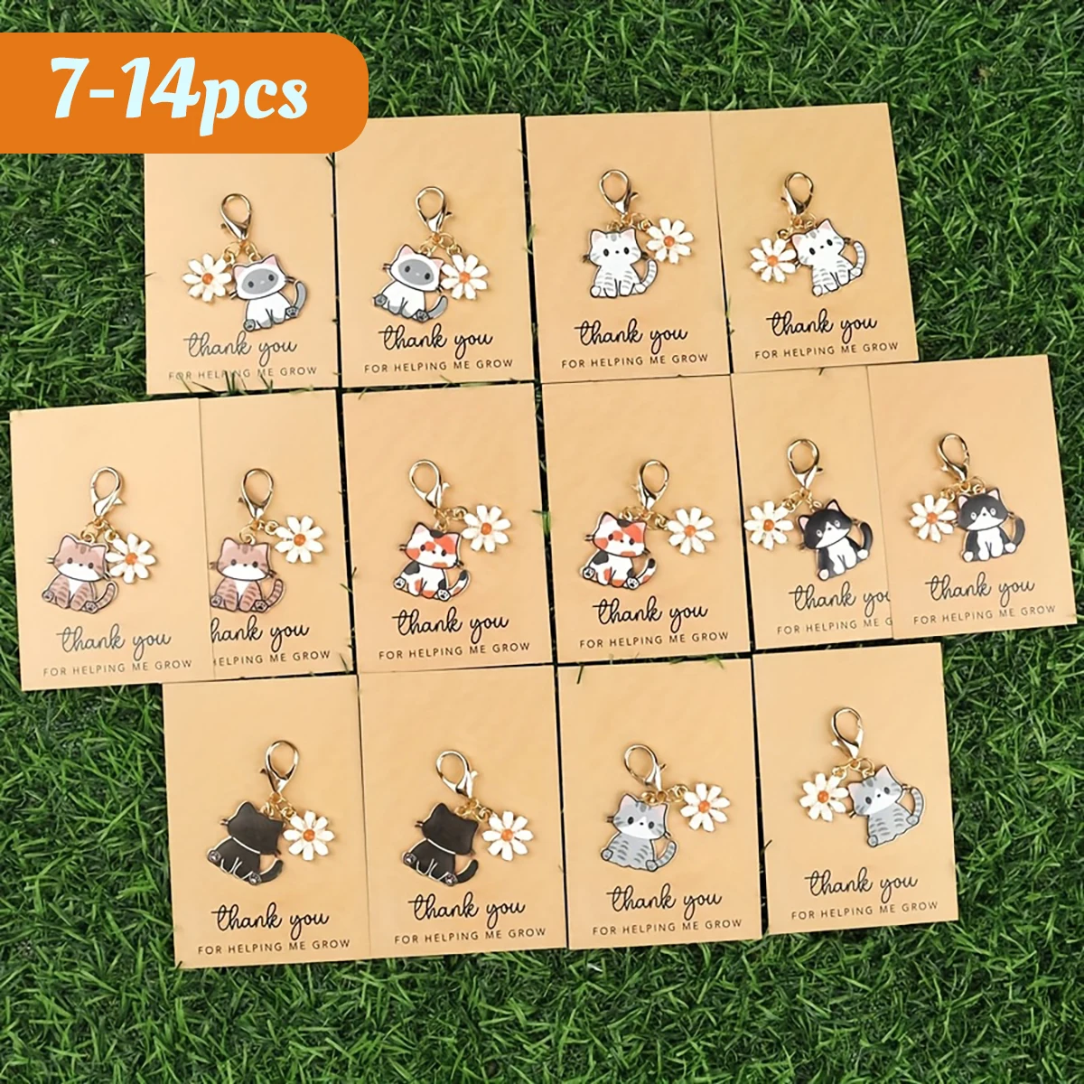 7/14pcs Cartoon Cat & Daisy Keychain Set with Thank You Card, Stylish Floral Charm for Car Bag, Thoughtful Gift for Family.