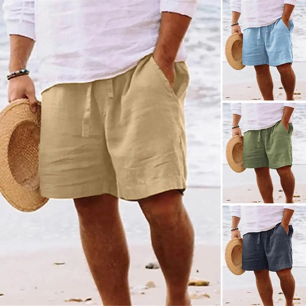 Vintage Cotton Linen Solid Color Shorts Mens Spring Summer Casual Loose Drawstring Tie-Up Short Pant Men Leisure Sea Side Shorts