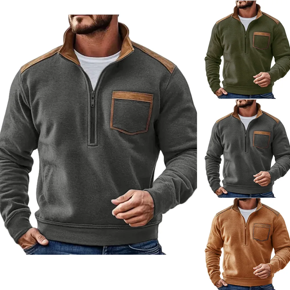 Pullovers Men Sweatshirt Thick Long Sleeve Top Pocket Casual Work Stand Collar Sweatshirts Zipper Solid Tops Autumn Winter 2026