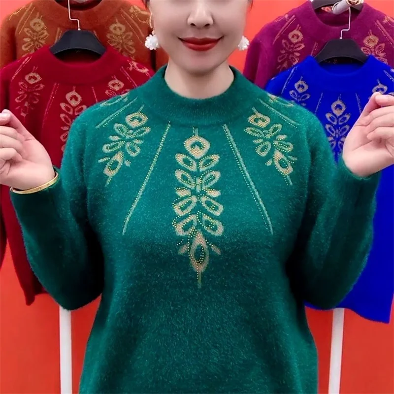 

2025 женские вязаные топы с высоким воротником среднего возраста для мам, большой размер 6XL, пуловер, вязаный осенний женский свитер из искусственного меха норки