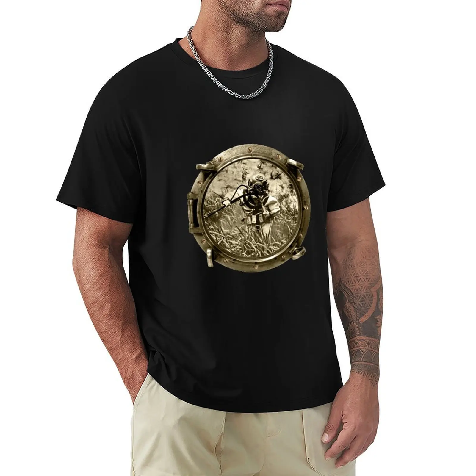 Porthole View of a Diver and Mark V Diving Helmet Underwater URM T-Shirt essential t shirt T-Shirt