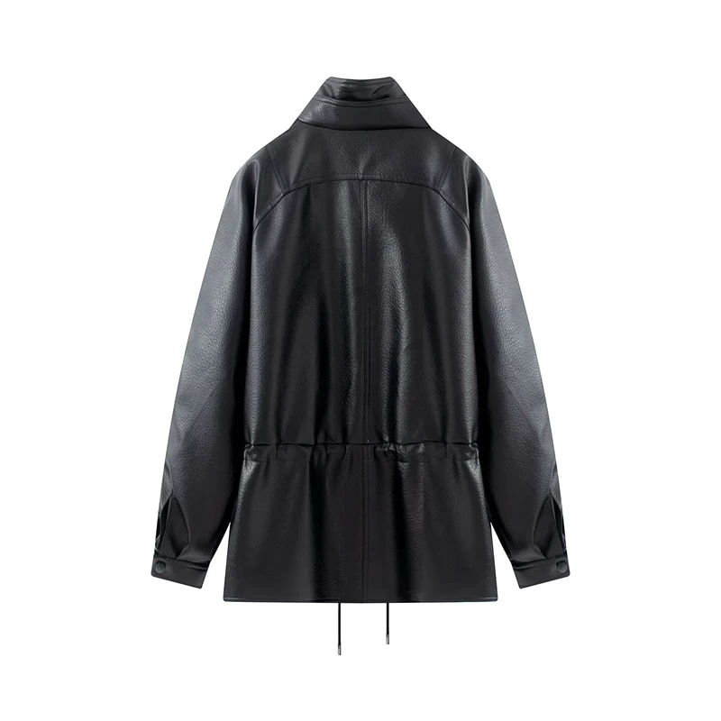 Guobioziy Women's Slim-Fit Mid-Length Faux Leather Jacket 2026 Spring-Autumn French Casual Fashion Trend British Classic Street