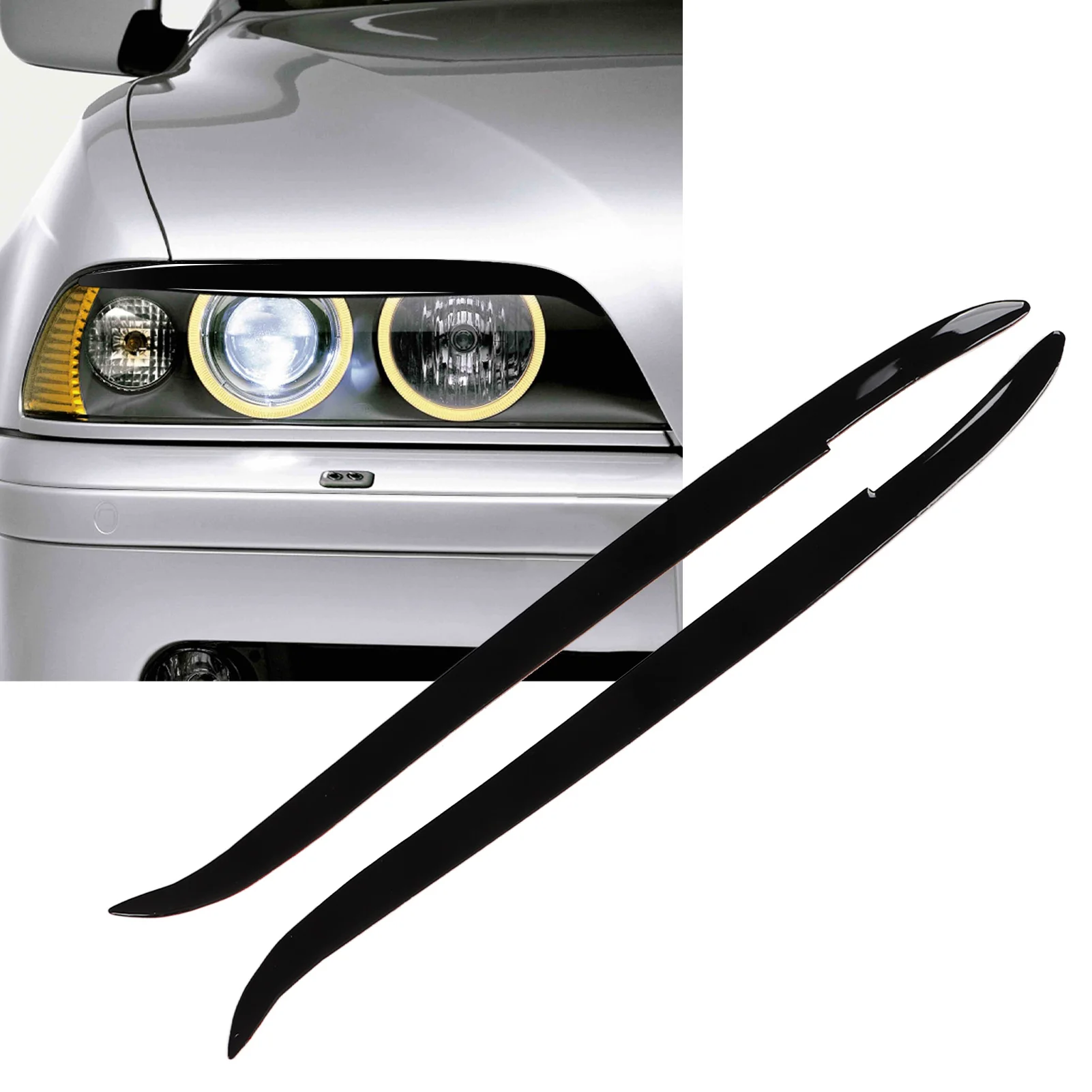2Pcs Headlight Eyebrow Glossy Black Trim Front Left Right Decoration for E39 1997‑2003 Front Light Eyebrow Headlight Eyebrow