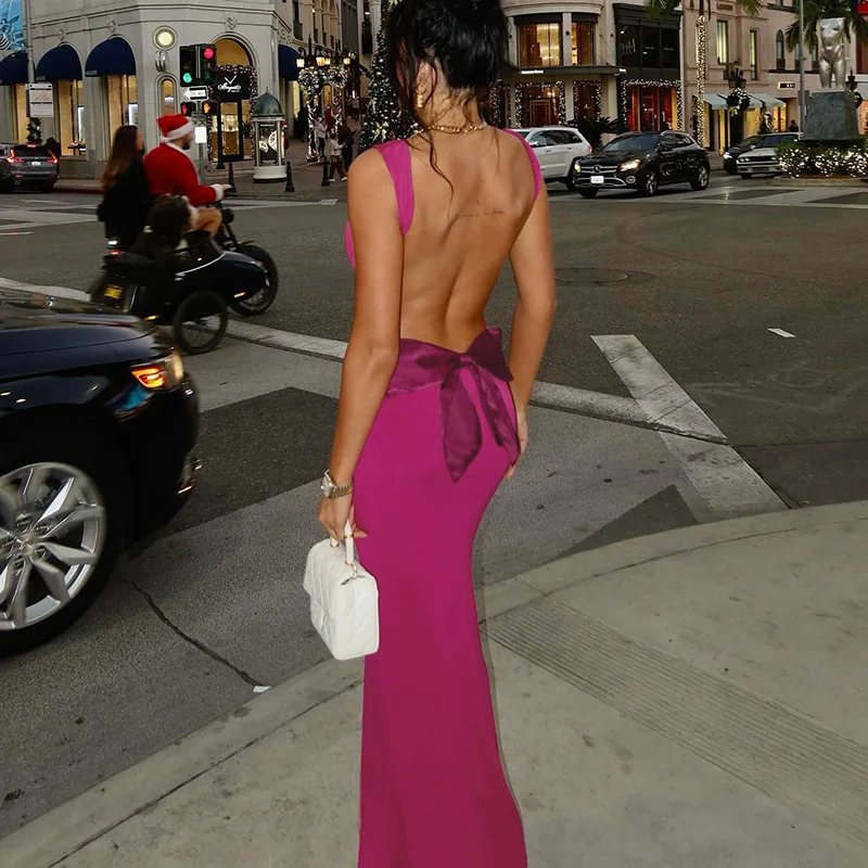 

Sexy Backless Plunging Neck Maxi Dress Slim Sleeveless Bow Applique Elegant Bodycon Women Long Dresses Party Evening Ball Gown