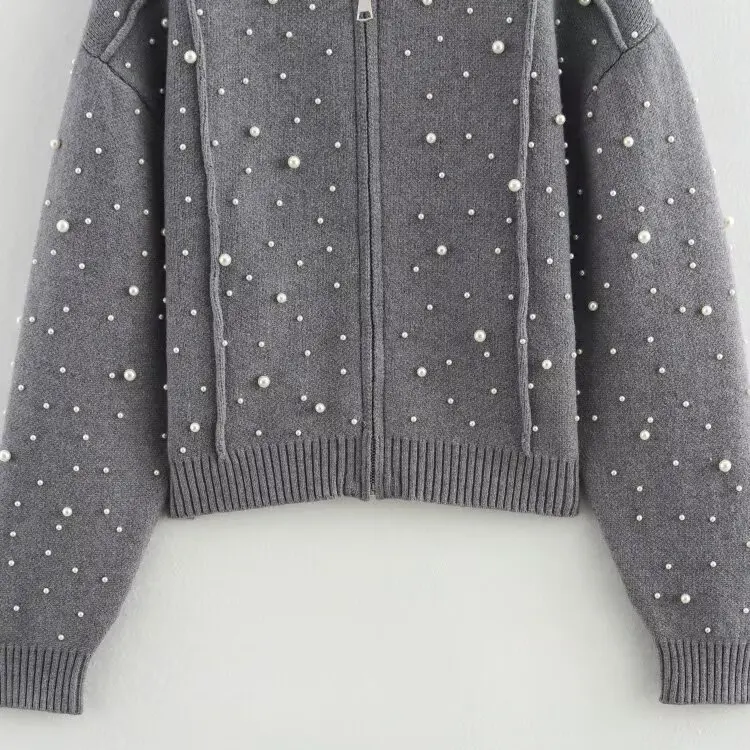 معطف Jaet محبوك مزين باللؤلؤ من Faionable للنساء ملابس خارجية للخريف وصل حديثًا من Ele European Sle Poly...