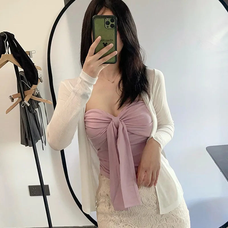 

Korean Versatile Slim Fit Sexy Hot Girl Pure Desire Style Ruched Padded Strapless Tank Top For Women Fashion Bow Tank Tops 58SZ