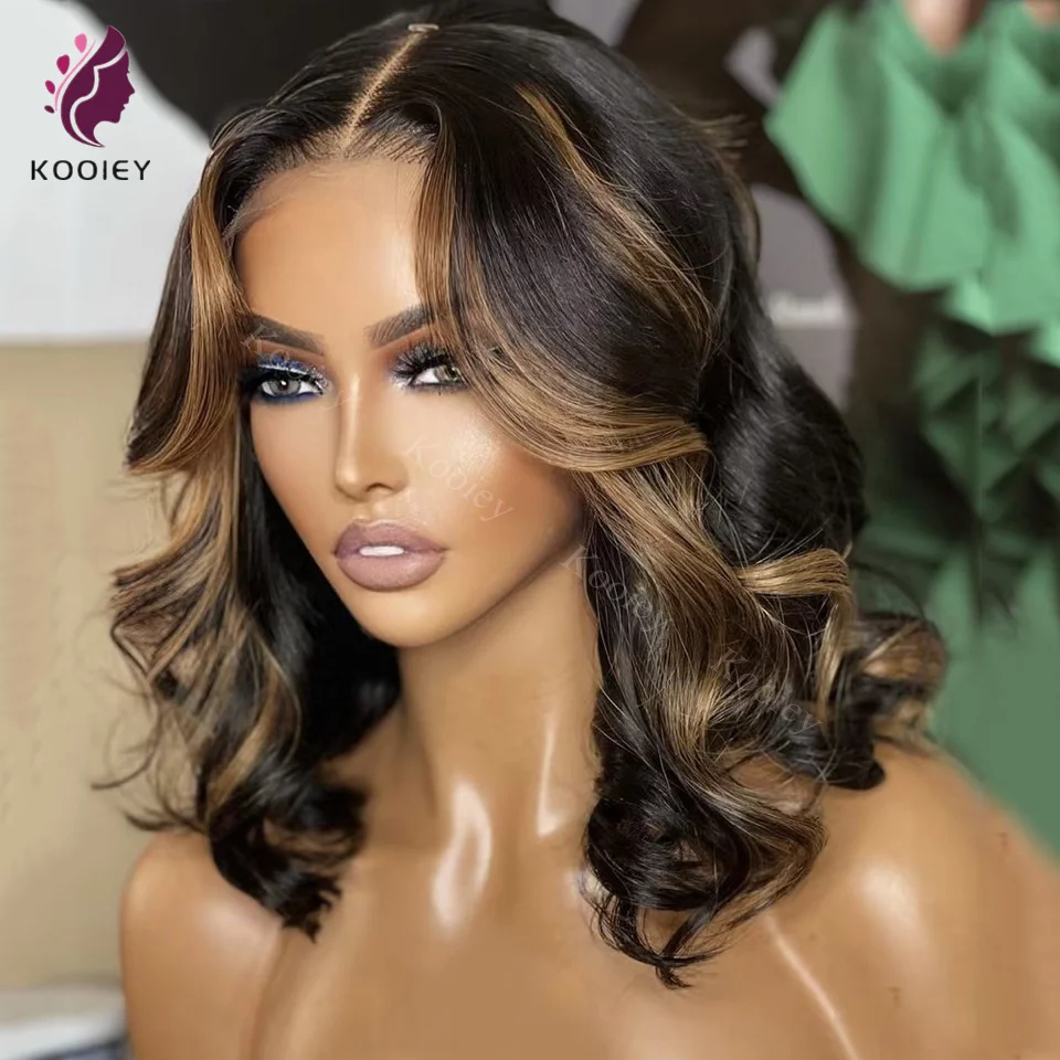 أسود مع شقراء تسليط الضوء على البرازيلي ريمي قصيرة متموجة بوب 13x6/360 الدانتيل الباروكات الأمامية للنساء 5x5 الحرير إغلاق الباروكات #2