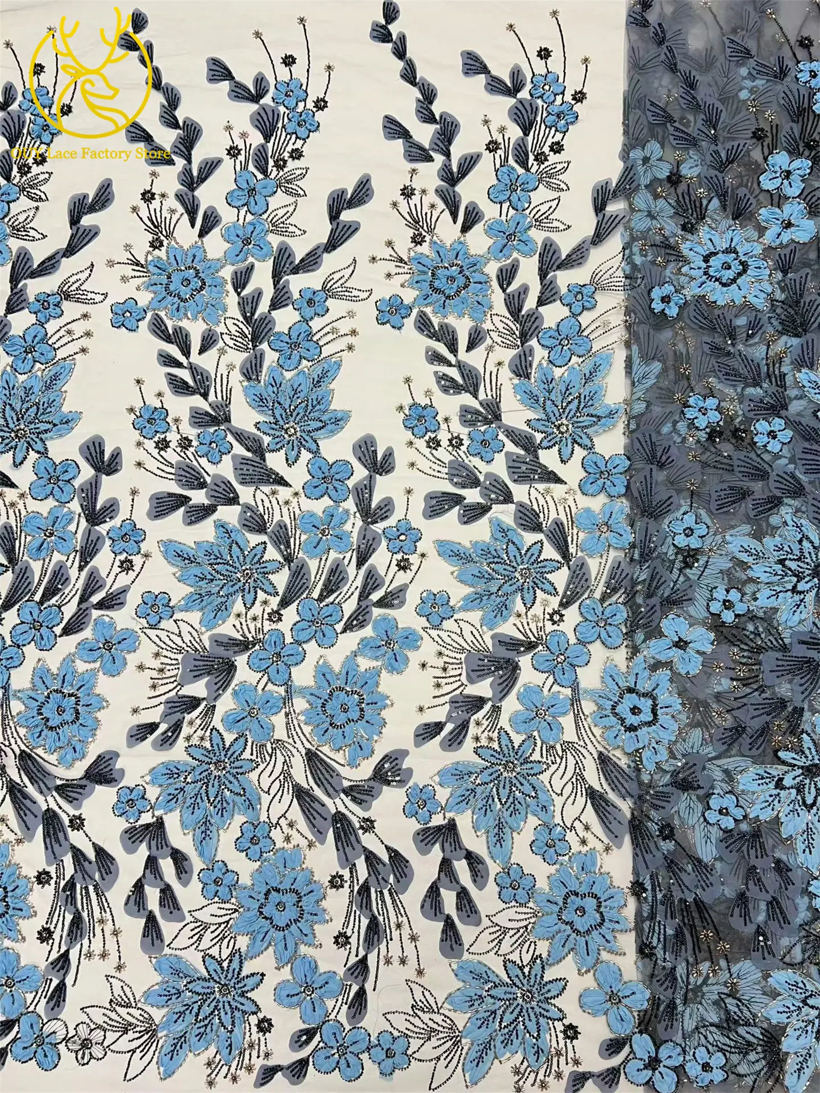 Exquisiter französischer Spitzenstoff mit Blumenstickerei und Pailletten, afrikanischer Perlen-Spitzenstoff für nigerianische Party- und Hochzeitskleider zum Nähen. – Detail 14