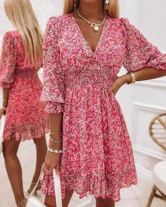 

Women's Dress 2024 Summer Pink Ditsy Floral Print Puff Sleeve Ruffle Hem Shirred Dress Three-Quarter Sleeved V-Neck Casual Dress