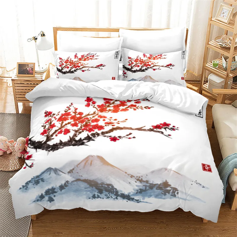 

Ink Painting Duvet Cover Japanese Style Mount Fuji Comforter Cover Red Cherry Blossoms Print Bedding Set For Adults Teens Girls