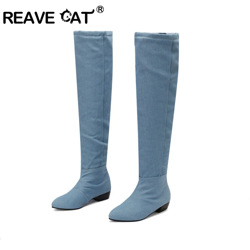 

Reave Cat Brand Pleated Denim Knee Boots 3cm Square Heel Round Toe Slip On Blue Black Big Size 46 47 48 US15 US16 US17