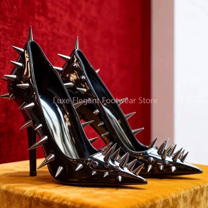 

Black Sliver Rivets Shallow Pointed Thin High Heels Women Patent Leather Slip On High Heels Sexy Elegant Party Club Lady Shoes