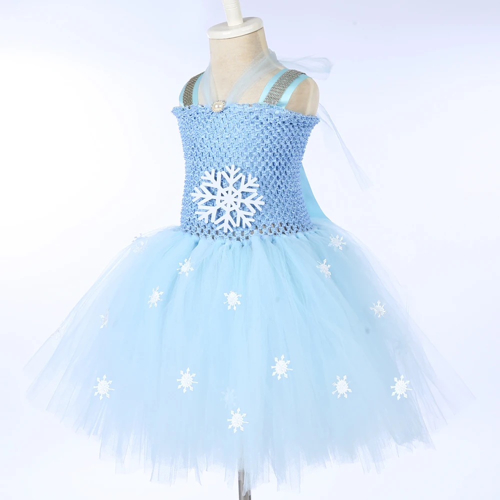 Blue Princess Elsa Costumes for Girls Christmas Snow Queen Ballet Tutu Dress for Kids New Year Outfit with Wig Braid Wand Gloves