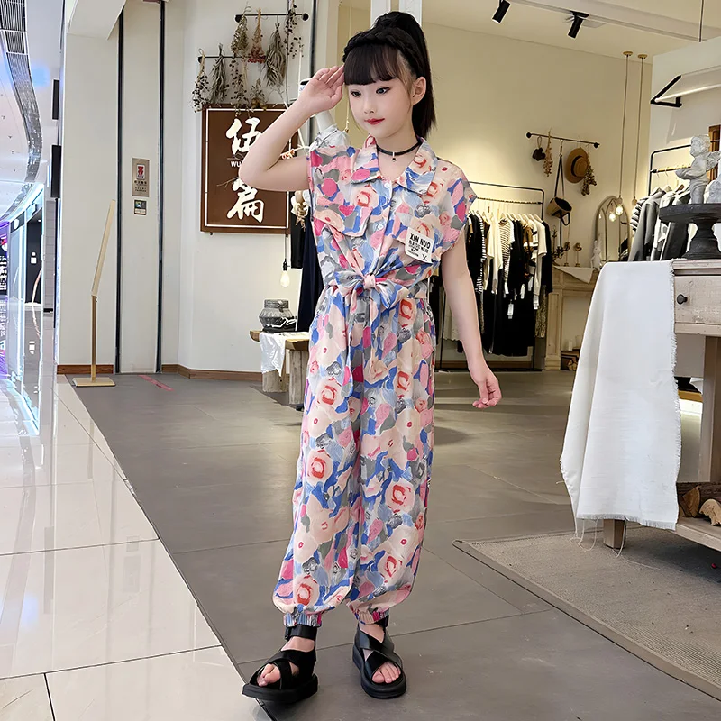 Girls  short-sleeved set new fashionable middle-aged and older children's sports two-piece set summer children's clothing