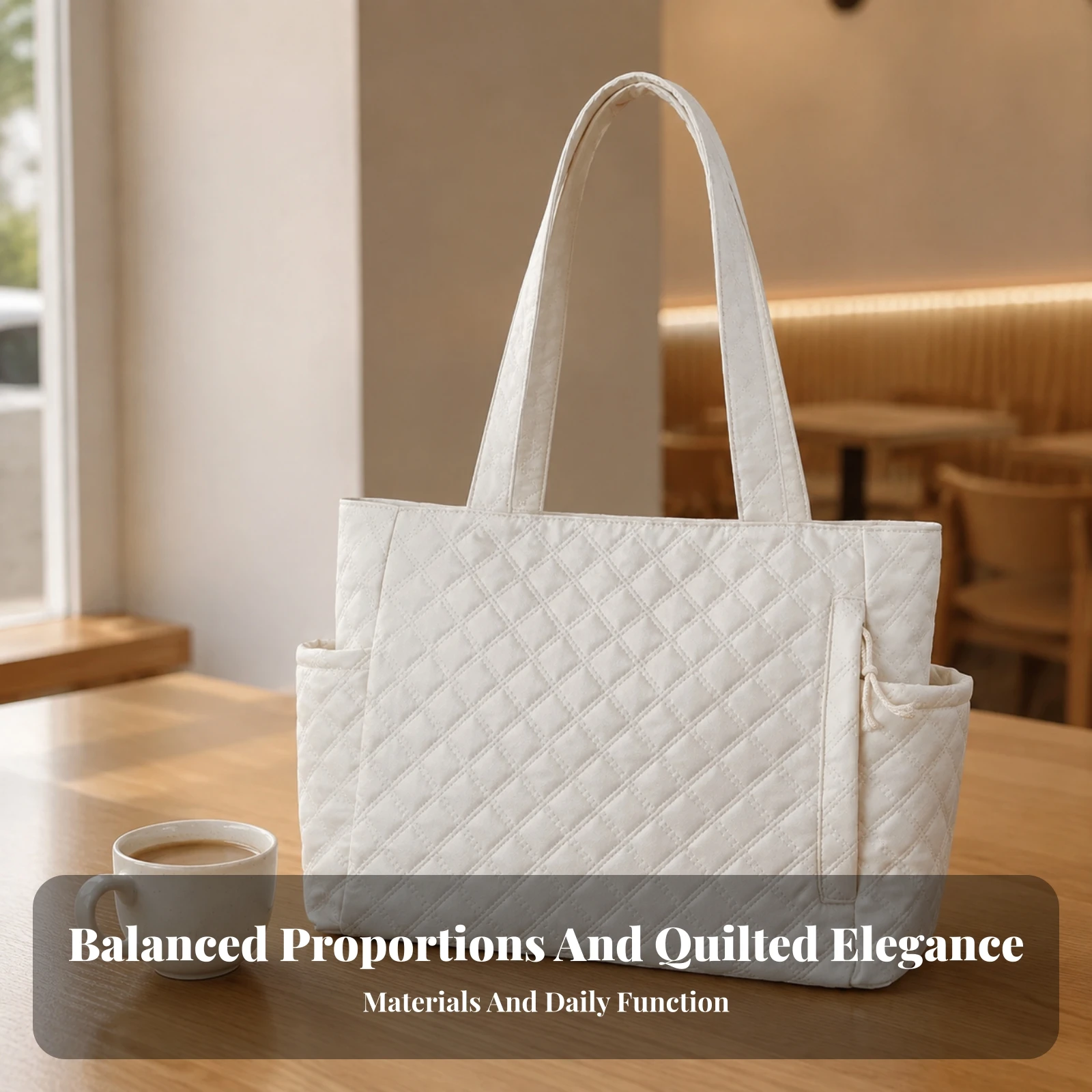 Quilted Shoulder Bag with Zipper Spacious Quilted Tote Bag Textile Tote with Shoulder Strap Multi-Pocket Stylish