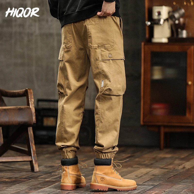 Hiqor-Calça Masculina Solta de Algodão Cargo com Bolso Grande, Macacão Masculino, Streetwear Casual Baggy, Esportes ao Ar Livre, Atletas, Roupas Masculinas