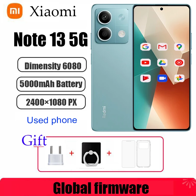 Global firmware Xiaomi Redmi Note 13 5G Smartphone 128GB 256GB ROM Dimensity 6080 6.67'' AMOLED Screen 5000mAh 33W used phone