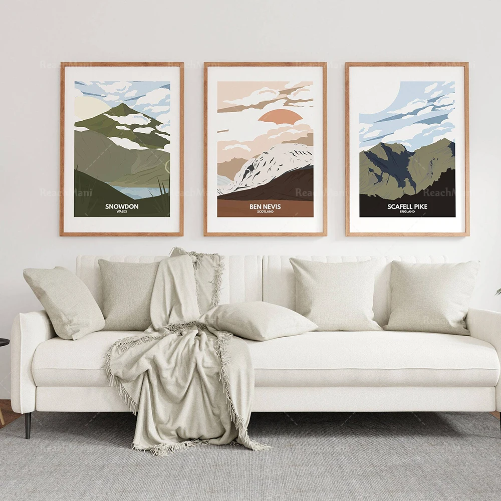 Three Peaks Prints, Wales, Snowdon - Ben Nevis - Scofell Pike - Lake District - Snowdonia - Grampians, Scotland - Travel Poster