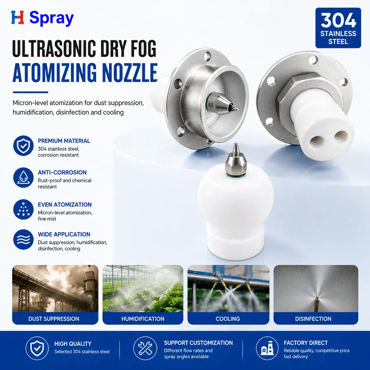 Huajue Two Fluid Air Atomizing Nozzle Dry Fog Spray Nozzle Stainless Steel Fine Mist Nozzle for Dust Suppression Cooling