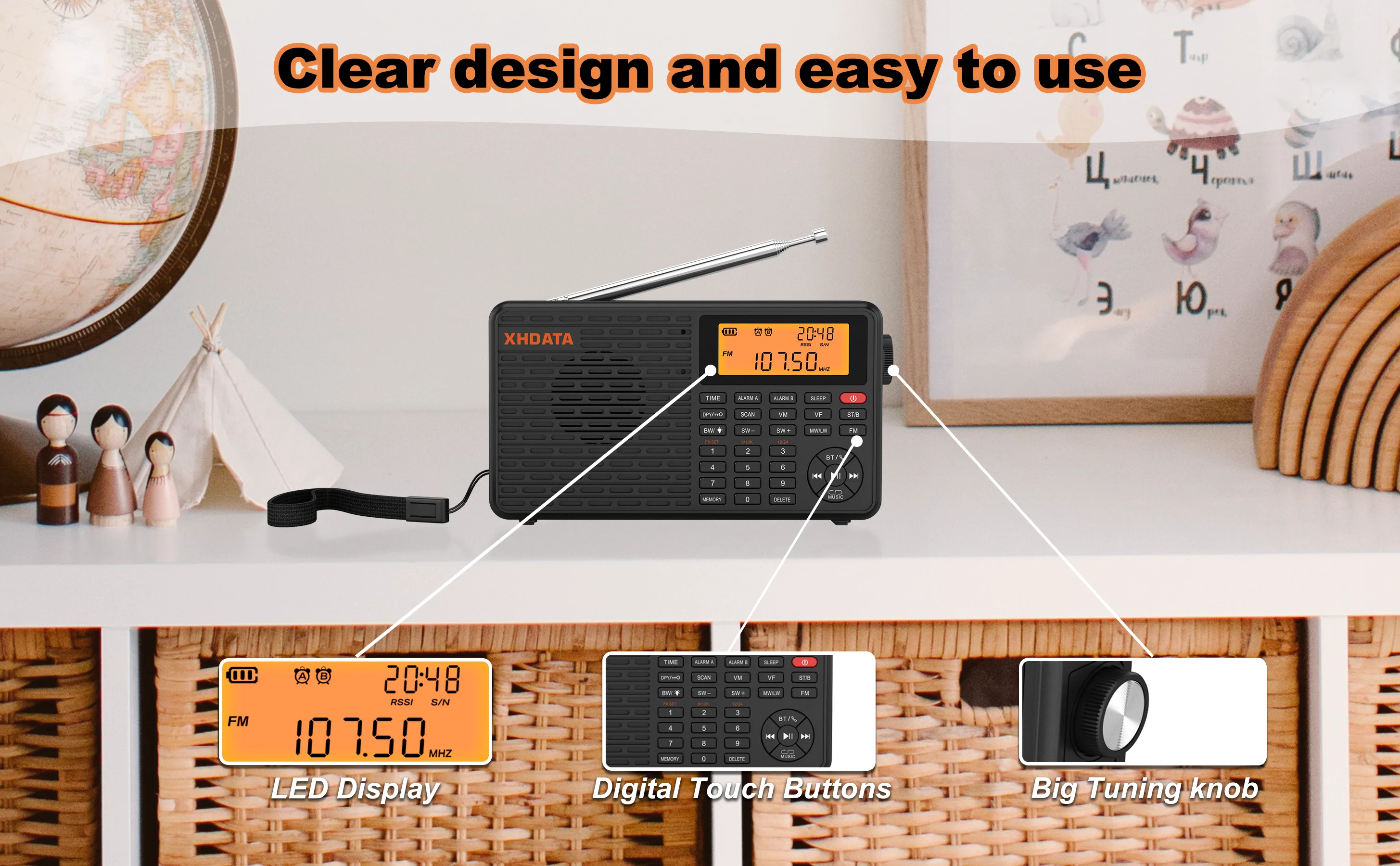 XHDATA D-109 Stereo Digitales Tragbares Radio AM SW MW FM Radio Bluetooth-kompatibles Multifunktionsradio Unterstützung TF-Kartenspieler – Detail 6