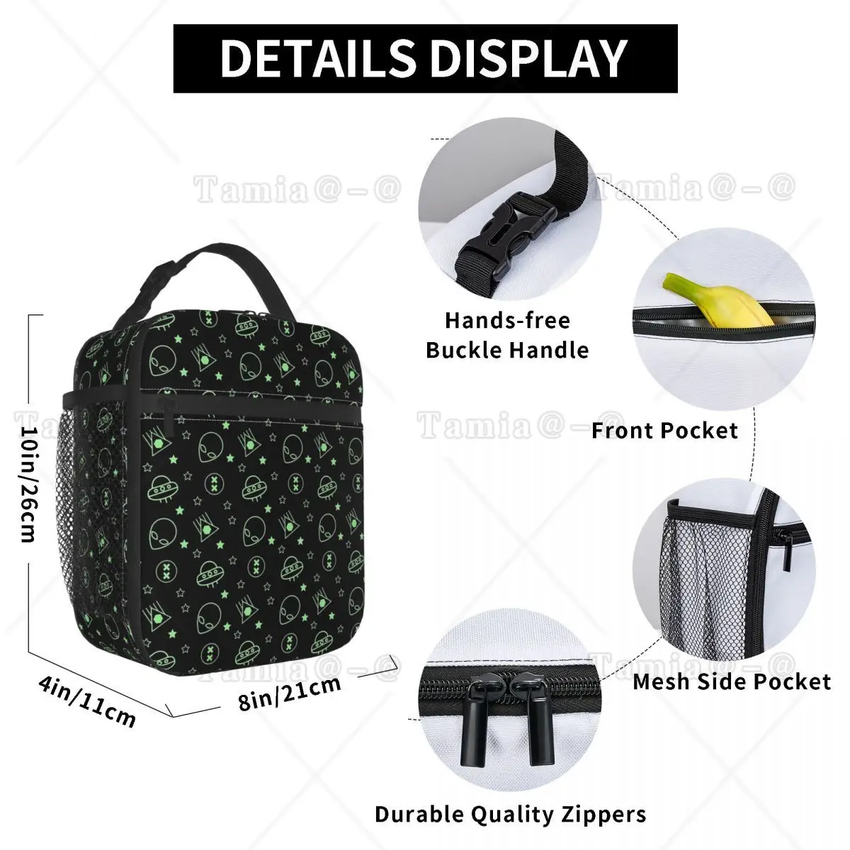 Green Alien Spaceship Pattern Insulated Lunch Bag for Kids School Cooler Thermal Food Box Tote Portable Lunch Boxes Container