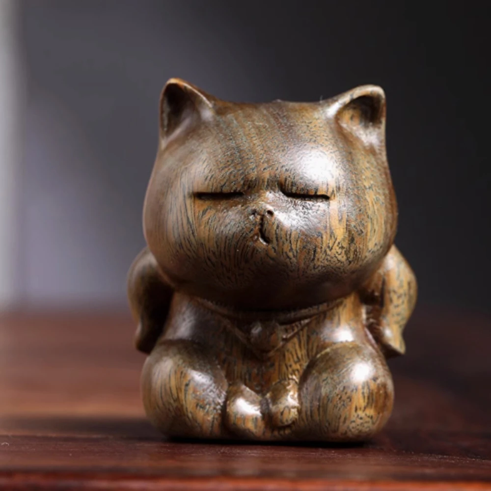 Y161, 4.8 CM Wealthy Cat Green Sandalwood Figurine Carving Animal Feng Shui Sculpture Live Room Decor