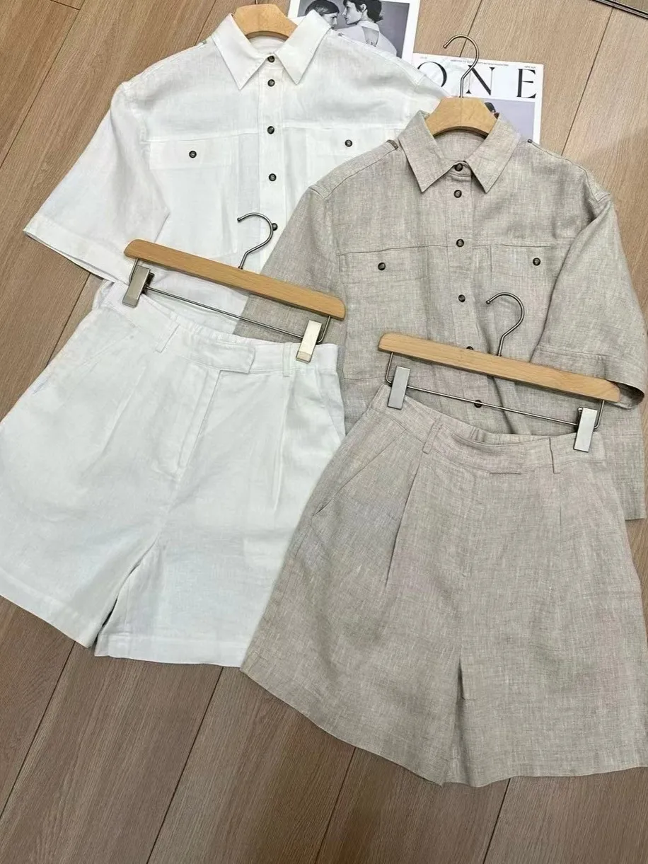 

Summer Women's Linen Suit Single Breasted Short Sleeve Turn-down Collar Blouse and Elastic Waist Shorts