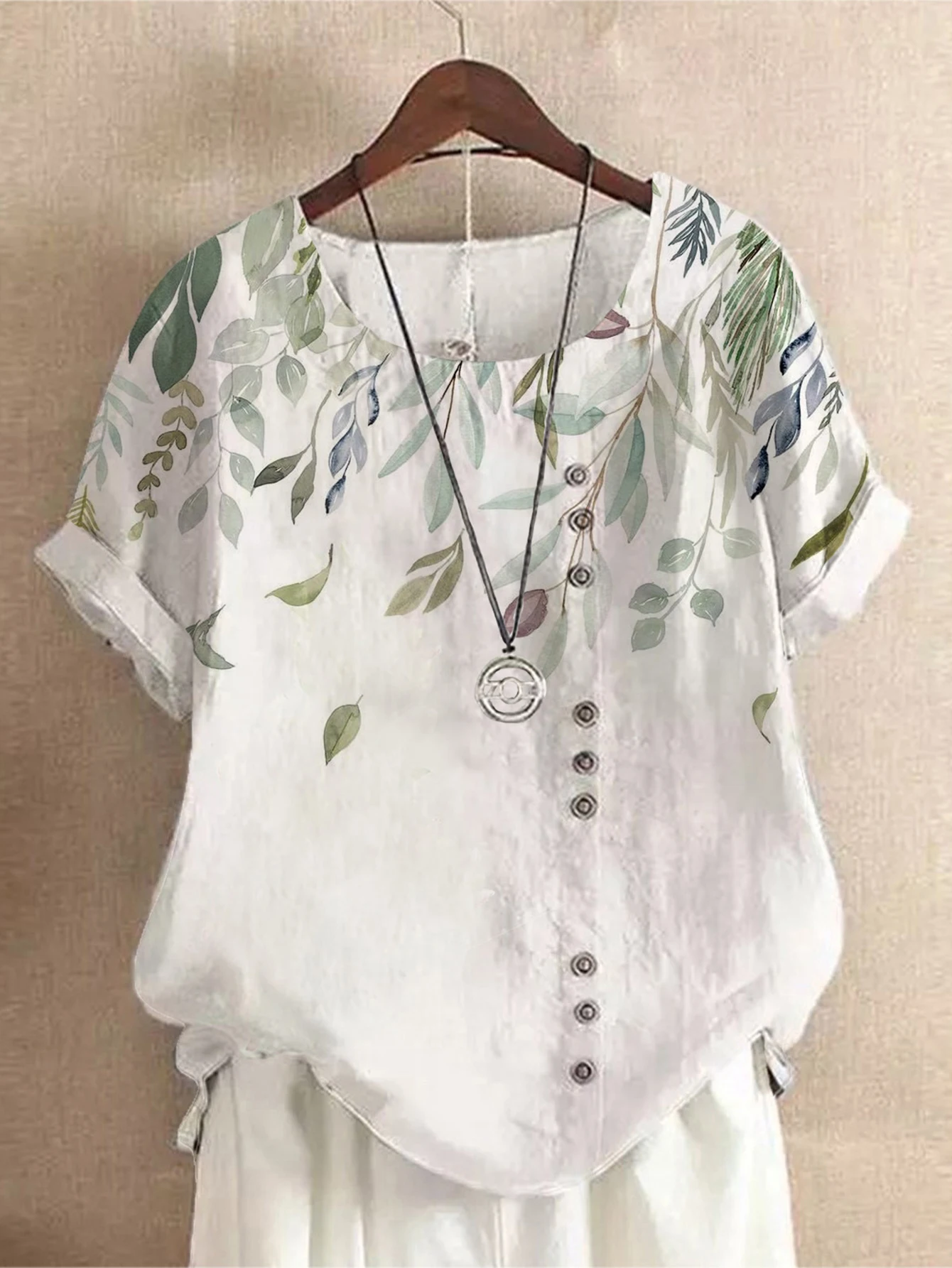 

Женская осенняя футболка, модный топ с круглым вырезом и культурным принтом, рукава с закатами на пуговицах для повседневной носки