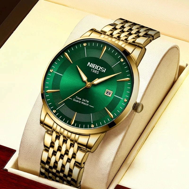 

NIBOSI Mens Watches Top Brand Luxury Fashion Green Quartz Watch For Men Stainless Steel Waterproof Date Watch Relogio Masculino