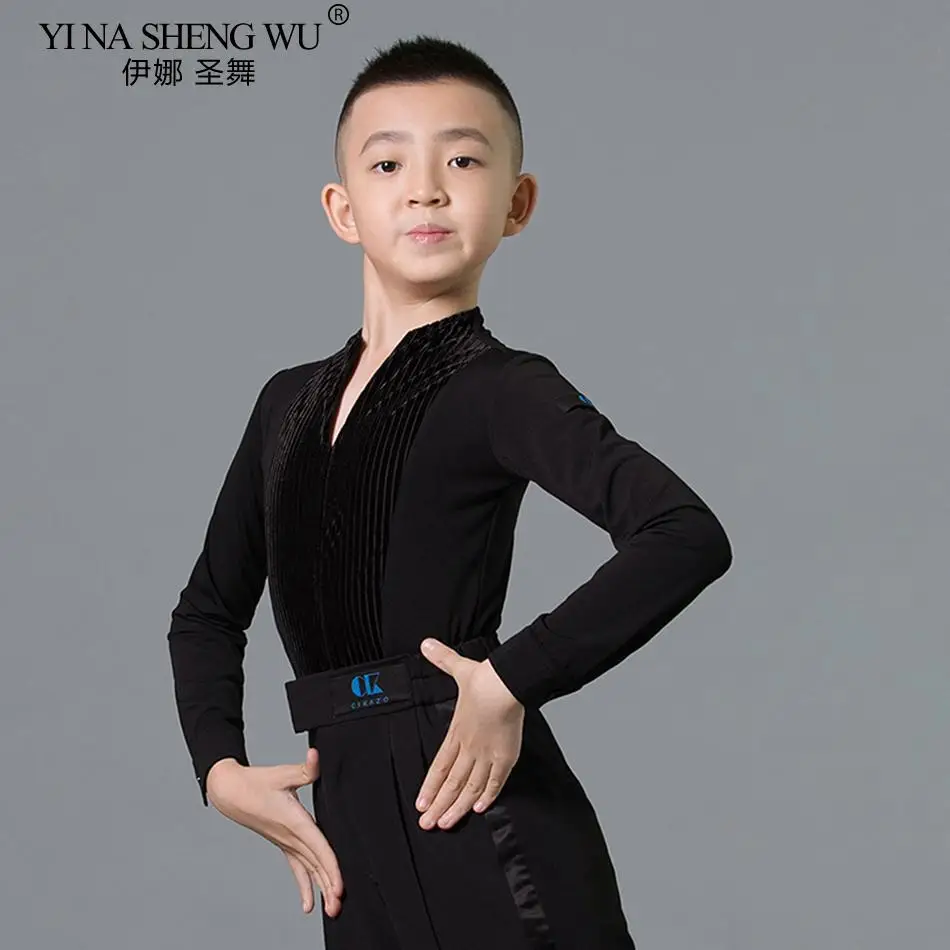 2025 جديد طويل الأكمام الأطفال الرقص اللاتينية تي شيرت الكتف حفرة الأولاد ملابس الرقص اللاتينية قاعة الرقص البطن التانغو