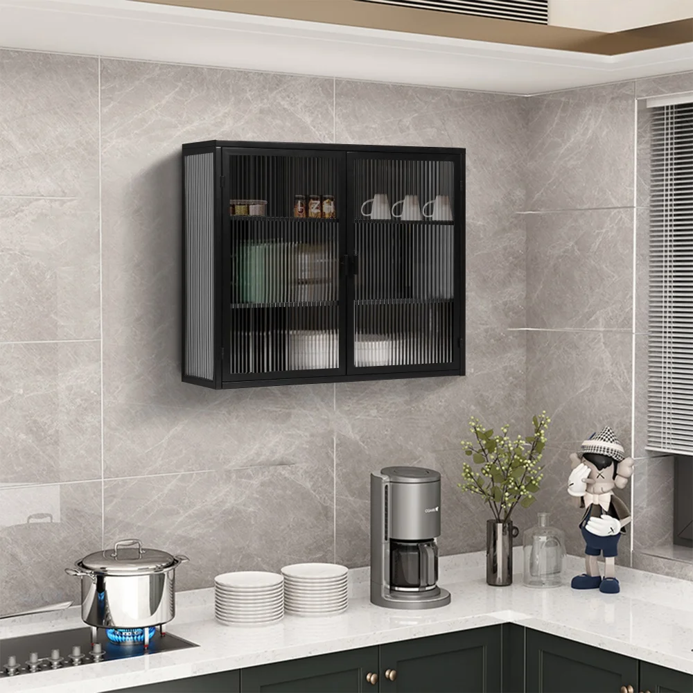 Bathroom Cabinet Wall Mounted with Detachable Shelves,Double Glass Door Wall Storage Cabinet,Kitchen Pantry Sideboard