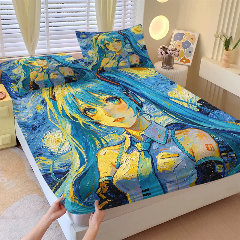 3点セット-初音ミク-星月夜柄-フィットシーツセット-ゴッホ風-アニメベッドカバー-枕カバー付き-ティーンルーム-ファンルーム-デコレーションギフト