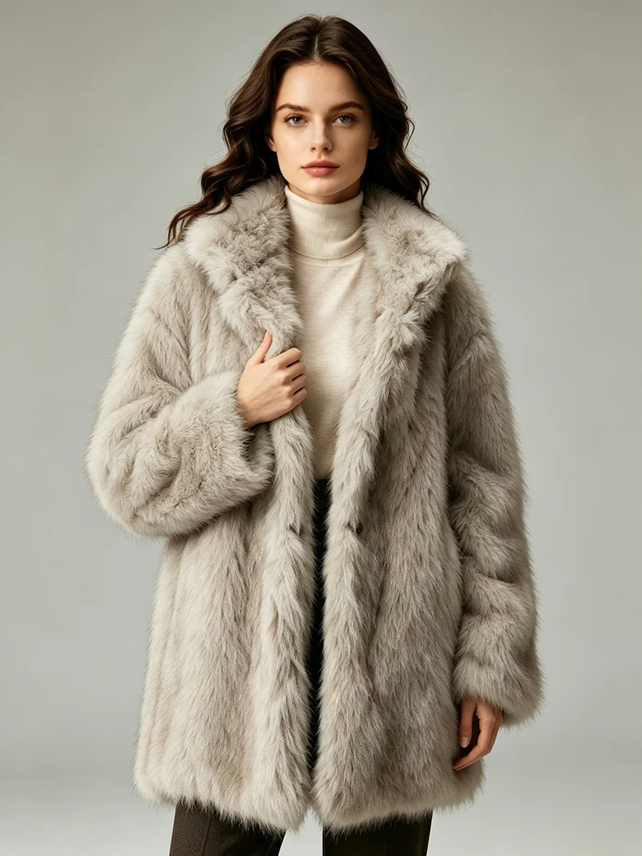 RU Women Lapel Faux Fur Coat Loose Long Sleeve Fluffy Plush Jacket Warm Winter Luxury Elegant Open Front Outerwear