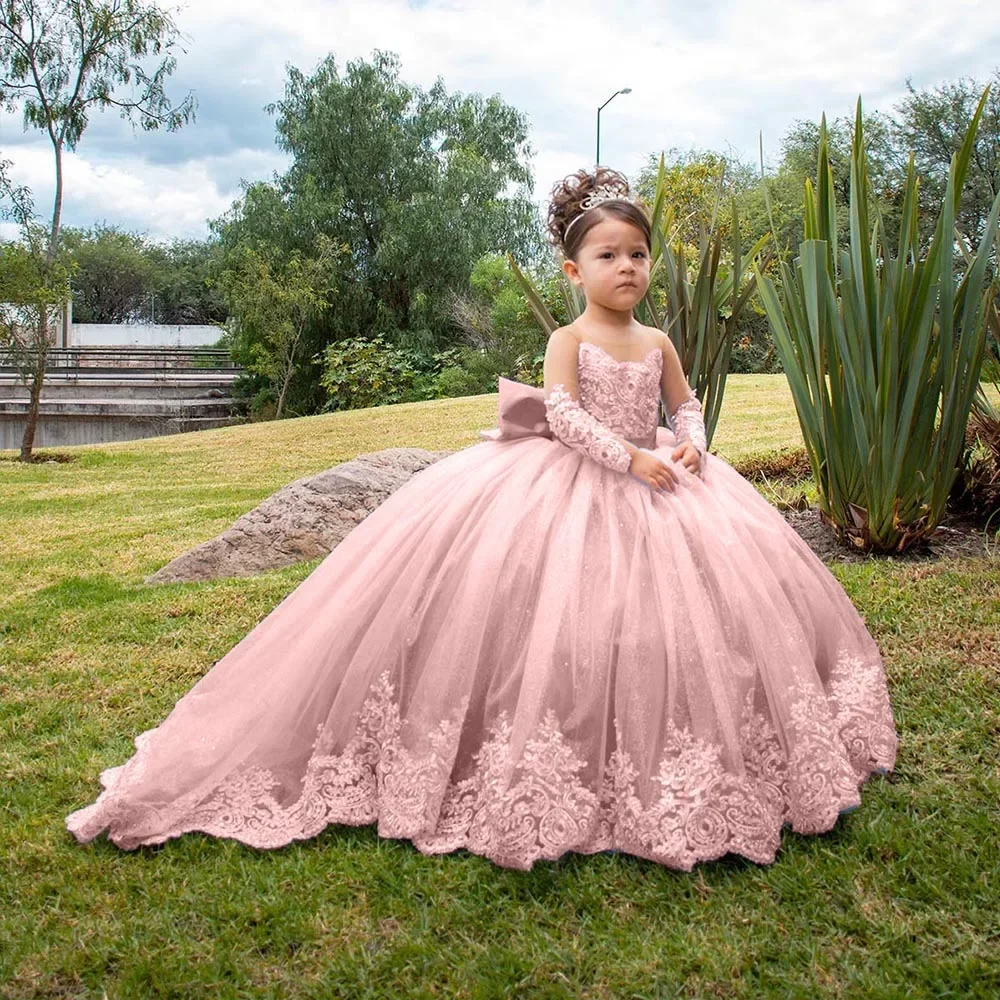 

Girls Sleeveless Illusion Neckline Lace Applique Tulle Ball Gown With Train Elegant Design For Formal Occasions Weddings Flower