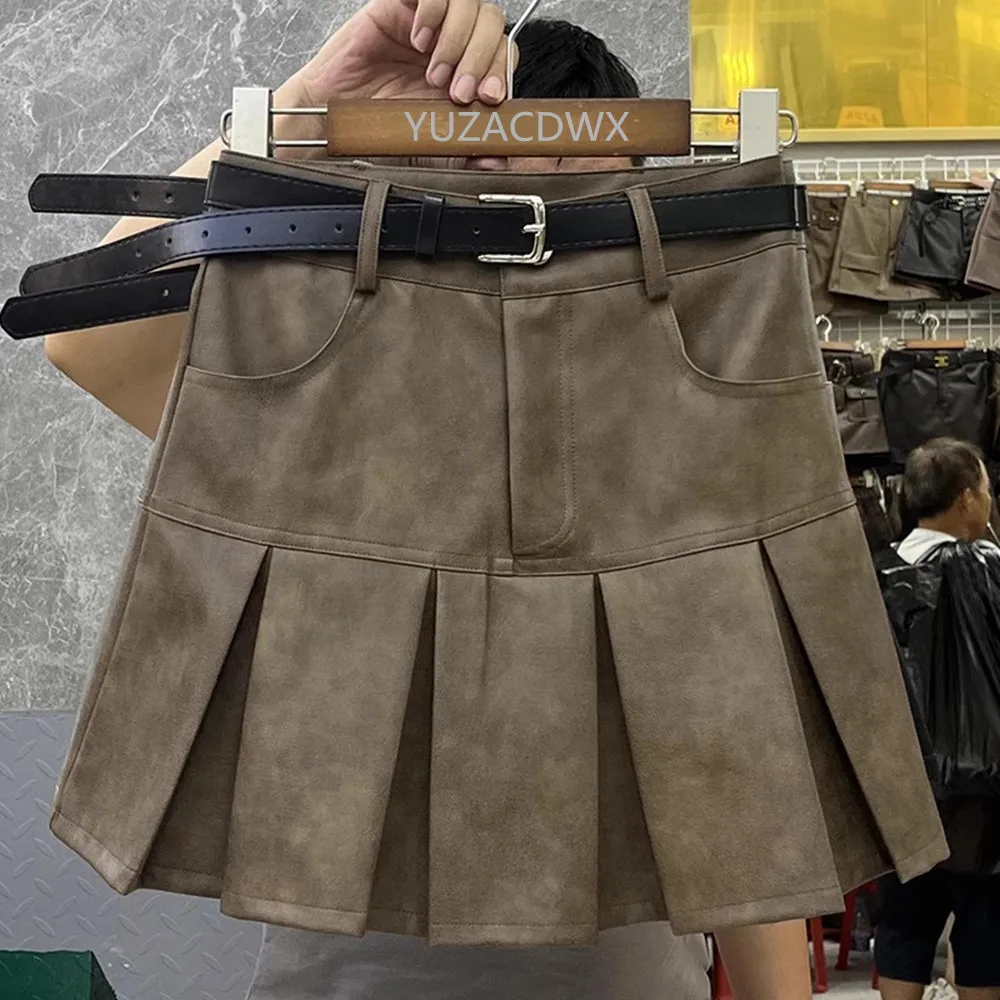 

Stylish High Waist Mini PU Leather Skirts for Women Summer Fashion Loose Female Pleated Skirts