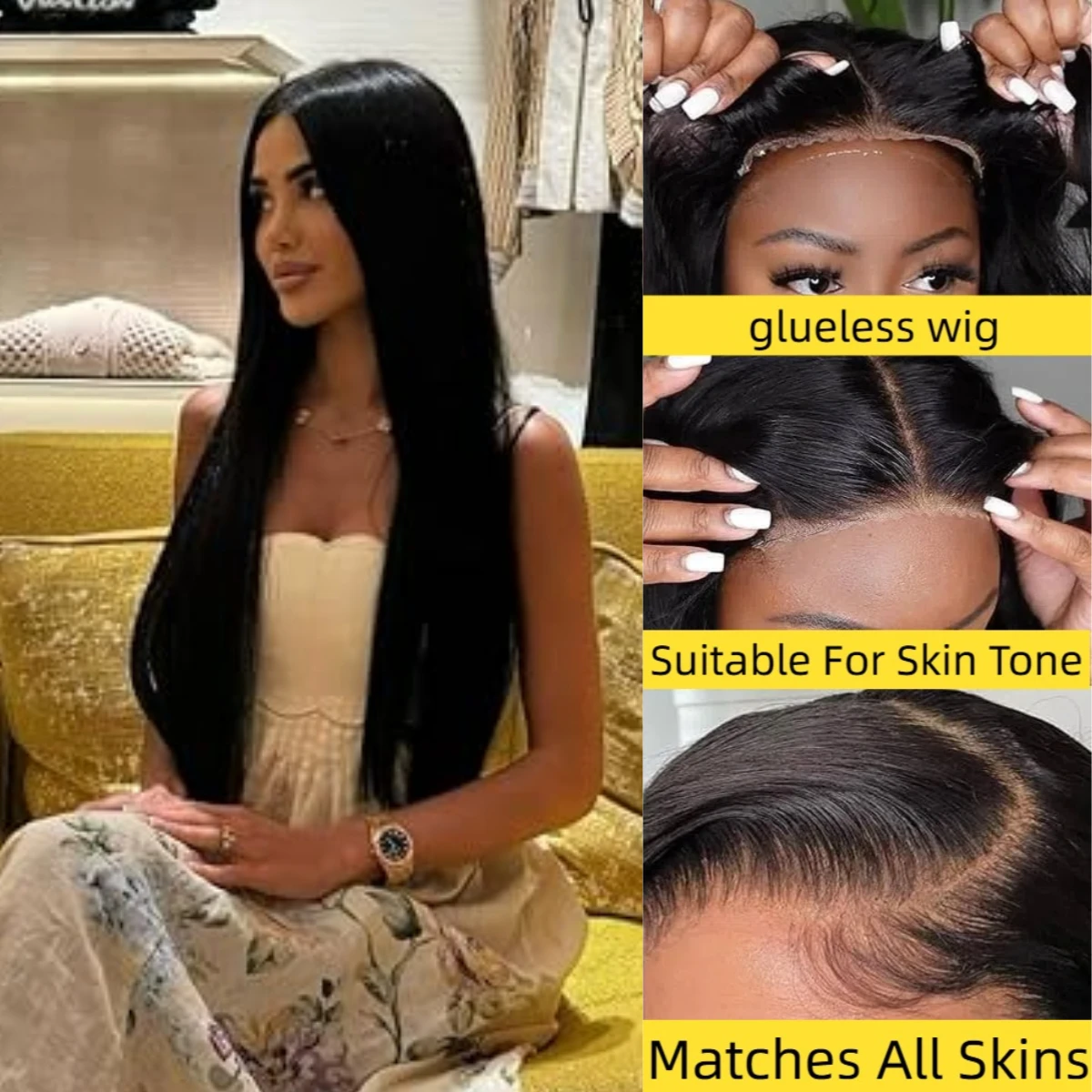 Прямые бесклеевые парики из натуральных волос, предварительно вырезанные 7x5, бесклеевые парики из человеческих волос, парик из человеческих волос для начинающих, черный