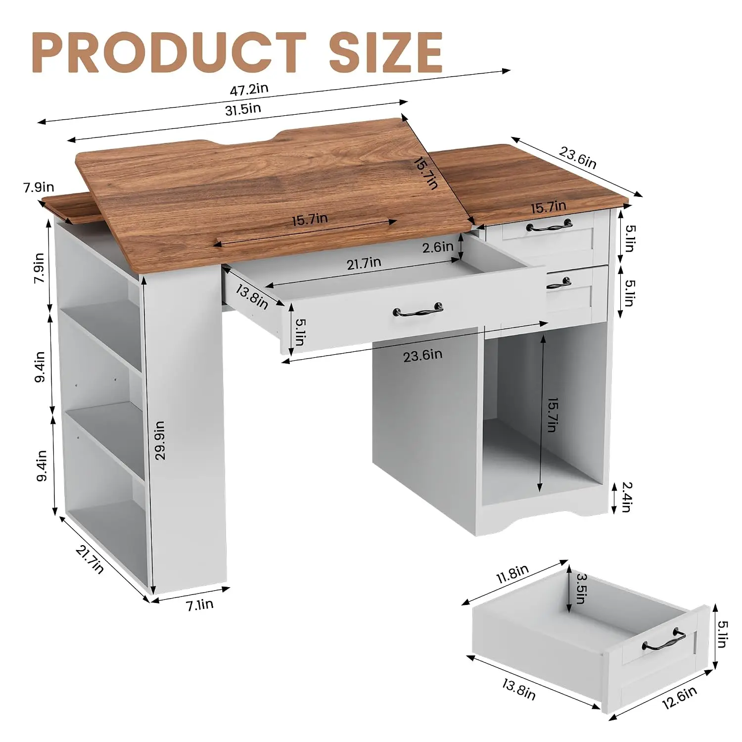 Drafting Table with Storage Cabinet & Drawers, Adjustable Drawing Table with Open Shelves, Craft Art Desk, Customized