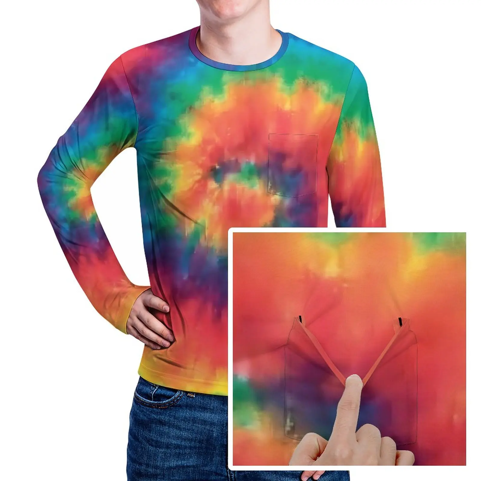 Hippie Tie Dye T Shirt Spiral Rainbow Trending T-Shirts With Pockets Long Sleeve Graphic Tops Spring Funny Oversized Tees