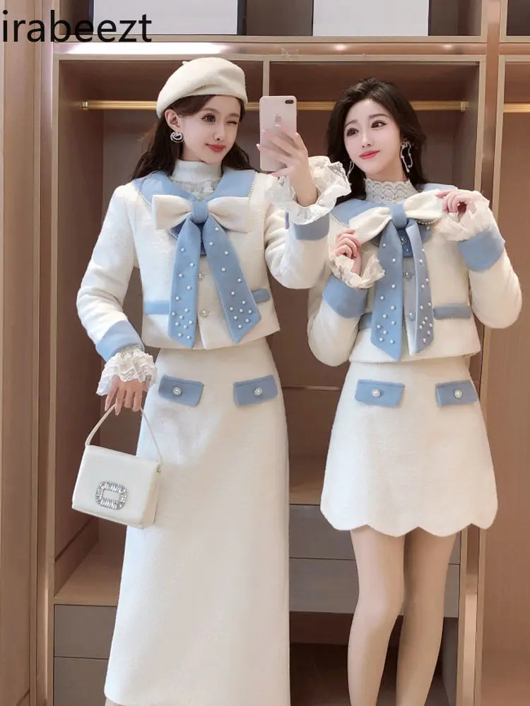 Fashion Streetwear Bow Tie Pearl Embellished Design Elegant Suit Fashionable Commuter Long and Short Skirt Two-piece Set