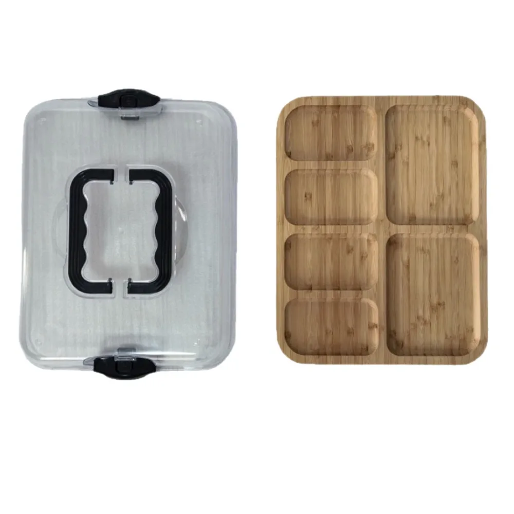 

Transparent Bamboo Cheese Board Snap-On Lid Square Shape Wooden Cheese Board Divided Grid Stylish Charcuterie Board