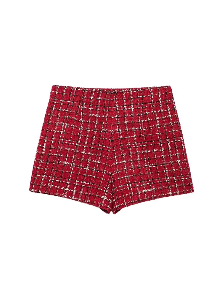 Willshela Women Fashion Texture Red Plaid Side Zipper Mini Skirts Shorts Vintage Mid Waist Female Chic Lady Skorts