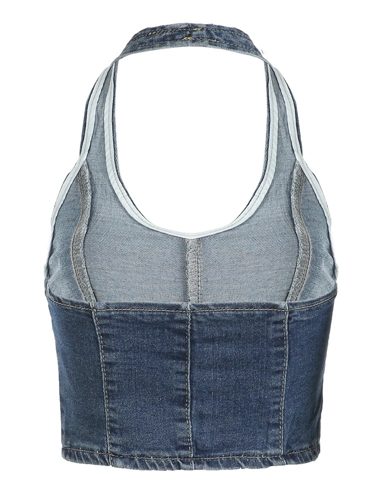 Weewep Vintage y2k Halter Denim Vest Retro Streetwear senza maniche a forma di farfalla Patchwork canotta 2000s estetica Ladies Tee