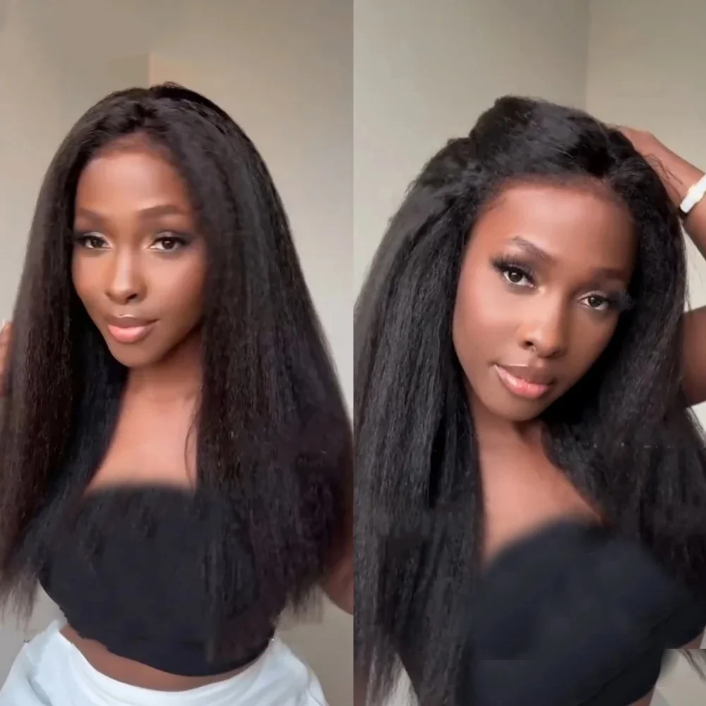 สีดําธรรมชาติ 26 นิ้วนุ่มยาว Glueless Kinky ตรงวิกผมลูกไม้ด้านหน้าสําหรับผู้หญิงที่มีผมเด็กสังเคราะห์ก่อน Plucked ทุกวัน