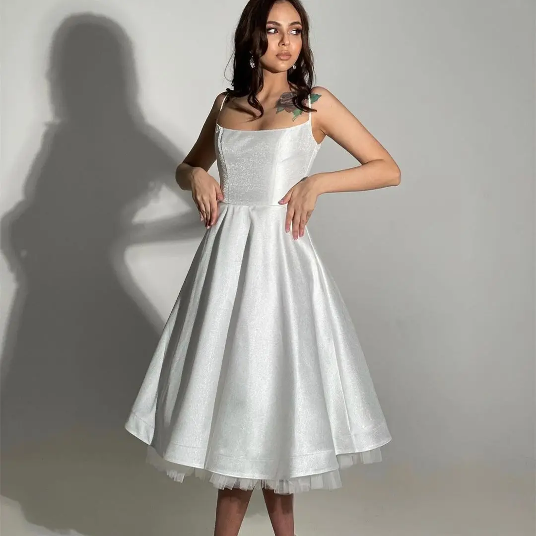 

Scoop A-line Shinny Spaghetti Strap Wedding Dress Sleeveless For Women Pleat Bridal Gowns Customize Ankle Length White Satin