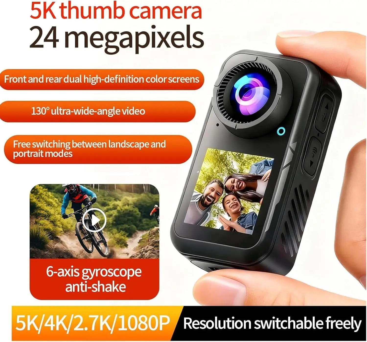 

Dual Screen 5K Mini Thumb Action Camera Wearable on Chest for Shooting with EIS Stabilization WiFi Remote Control 130°Wide(64GB)